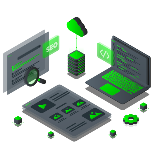 home page illustration- isometric 2d representation of IT/web-related services