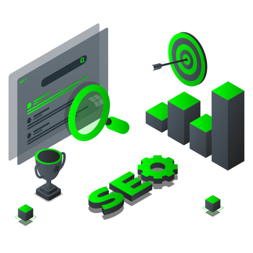 seo page illustration- isometric 2d representation of Search Engine Optimization (SEO) services